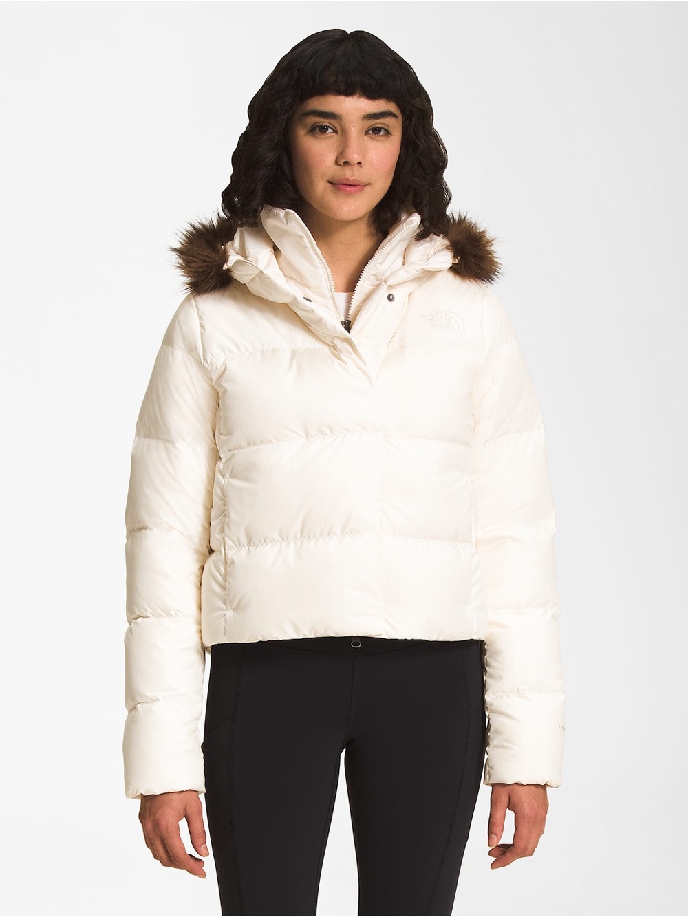 The North Face Women's Dealio Ivory CroppedPuffer Jacket with Faux-Fur Trim Hood